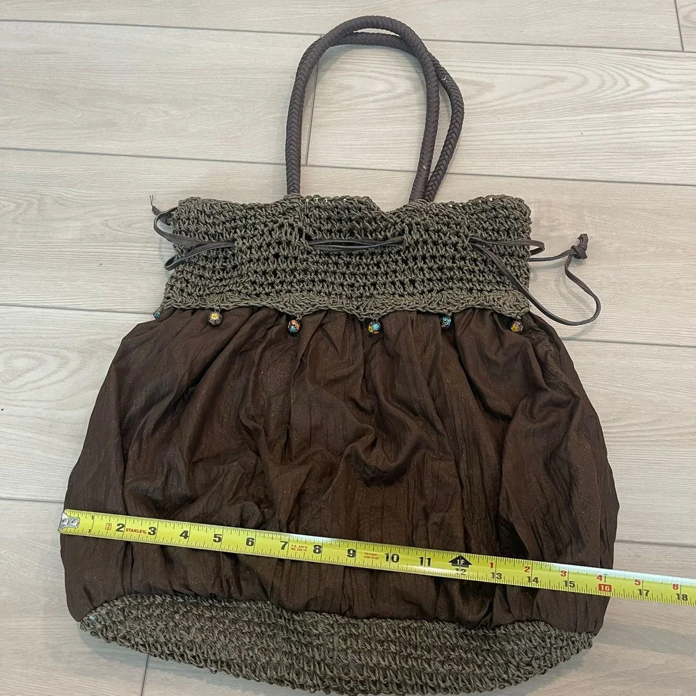 Bohemian Crochet Knit Bag Women Brown Beaded Drawstring Hobo Boho Fairycore Y2k‎